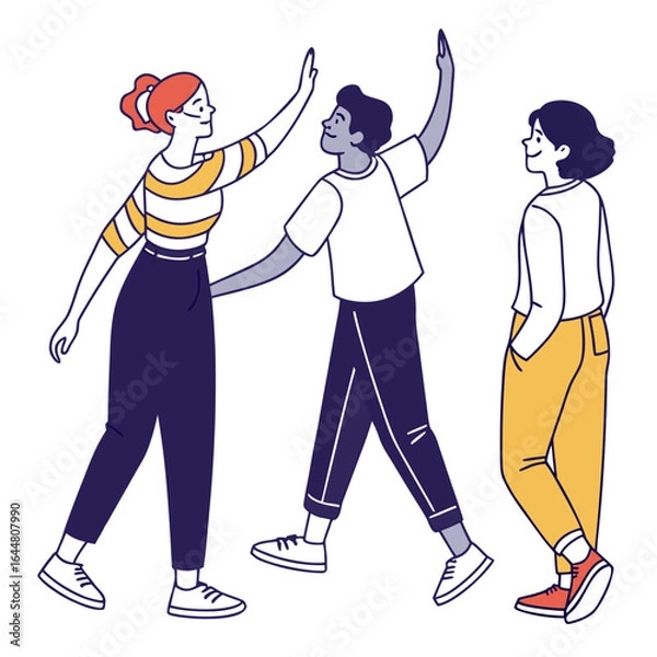 Fototapeta Three diverse friends celebrating success with high fives and a confident stride showcasing teamwork and positive interaction in a modern flat illustration style