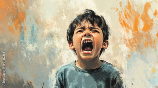 Obraz A boy's face, mouth wide open in an expression of anger.