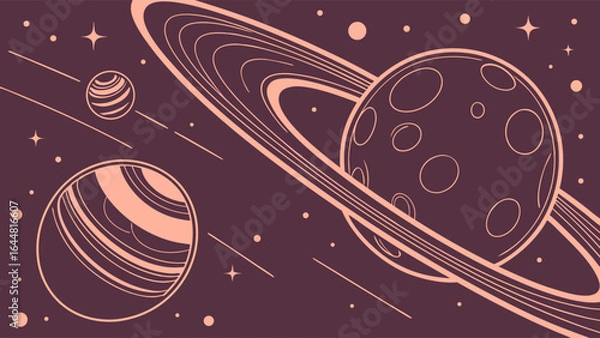 Obraz Retro line art illustration of a cosmic solar system with ringed planets, moons, and stars in outer space.