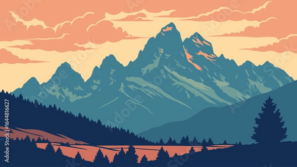 Obraz A serene vector illustration of a majestic mountain range at sunset, featuring a tranquil forest silhouette against a colorful sky.