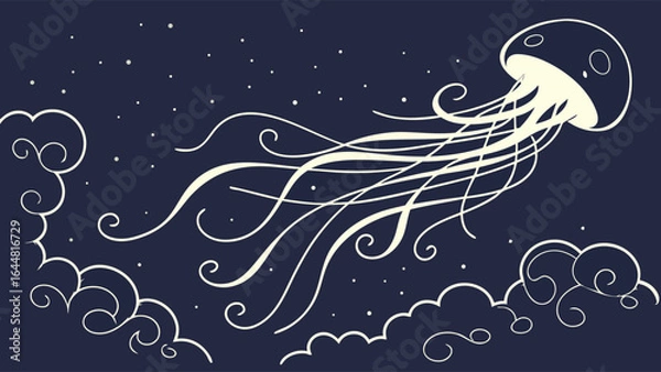 Obraz A graceful jellyfish gracefully drifts through a starry night sky filled with wispy clouds