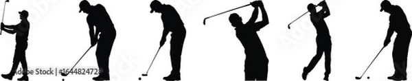 Fototapeta Silhouette vector set of golfer action pose with club, swing, putt and ball, black isolated graphic illustration