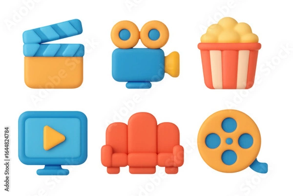 Fototapeta Colorful 3d icons of movie elements for entertainment and media design
