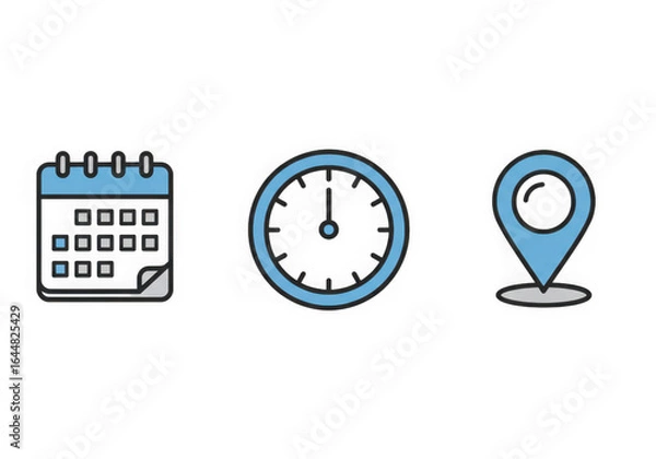 Fototapeta Calendar, clock and location icons isolated on transparent background