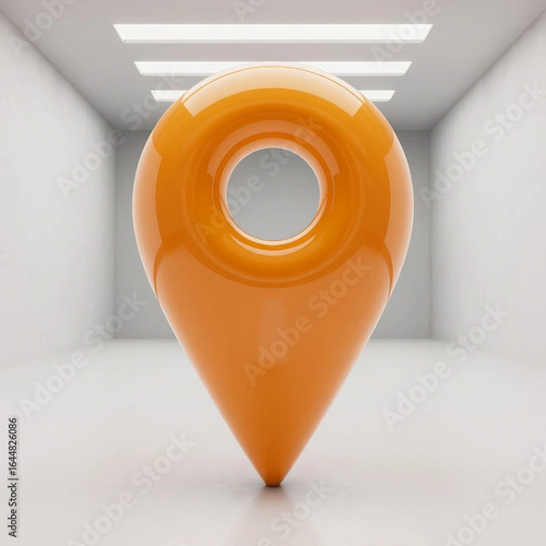 Obraz Photo of orange location pin in a modern hallway isolated on white background