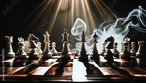Obraz Dramatic Chess Setup with Smoky Atmosphere