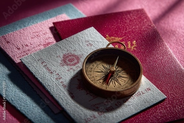 Obraz Authentic Travel Documentation and Compass with Peru Colombia Elements for Modern Adventure Marketing and Social Media Campaigns Inspired by South America