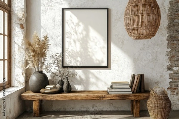 Fototapeta Vertical empty mock-up poster frame in a black frame on a white stucco wall, placed above a wooden bench with books and vases. Scandinavian-style living room design, Generative AI