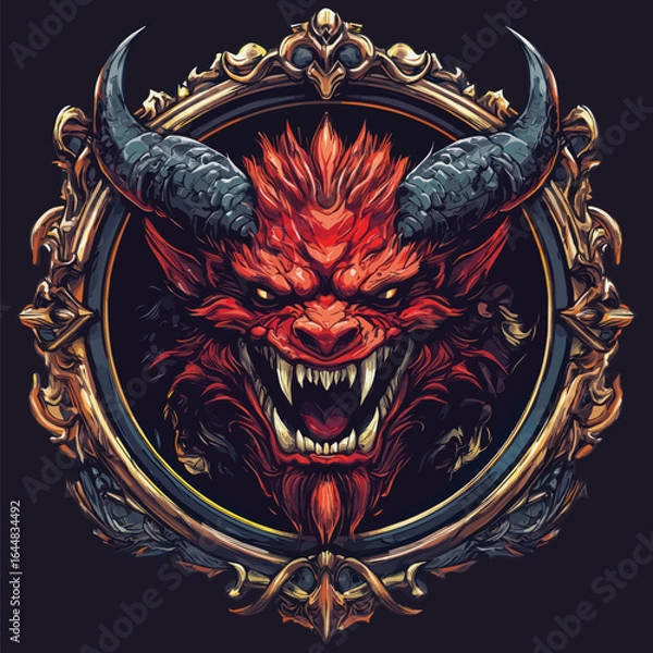 Fototapeta Furious Red Horned Demon Head Illustration with Dark Armor and Aggressive Snarl. Mythical Monster Portrait.	