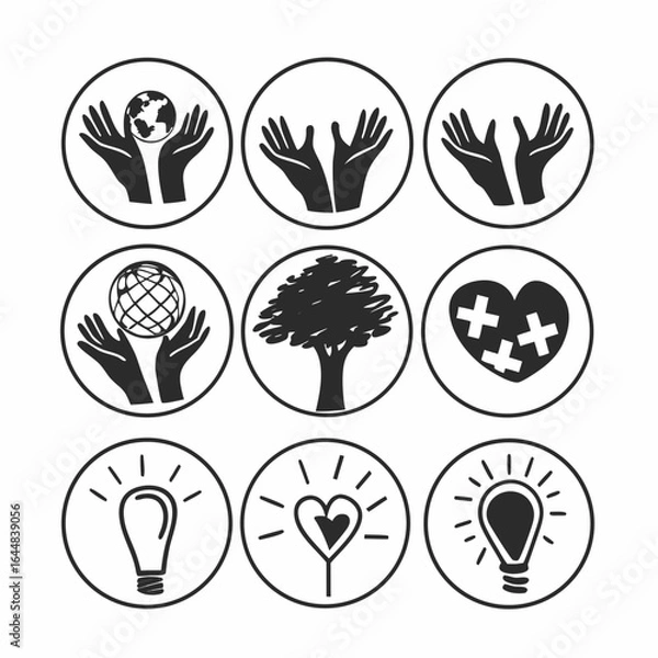 Obraz Collection of hand drawn icons with care, nature, and global themes isolated on white background