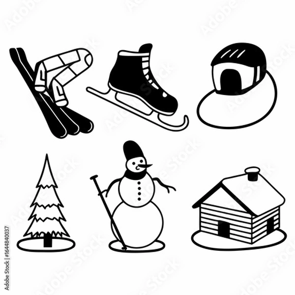 Fototapeta Winter sport and activity icon set with skier, snowman, house isolated on white background