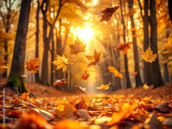 Fototapeta Falling autumn leaves in a sunlit forest path