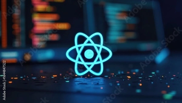 Fototapeta React Developer. Glowing blue React logo on keyboard with colorful blu