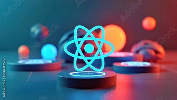 Fototapeta React Ui Components. Blue glowing React logo, round platforms, neon fu