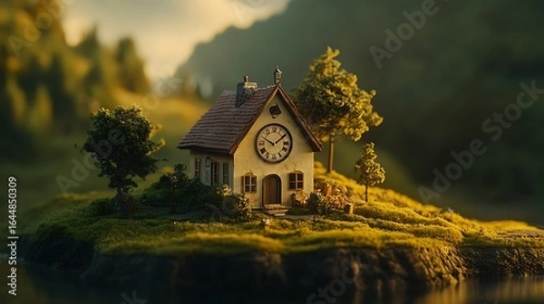 Fototapeta Dreamy clock house on island in nature landscape fantasy cottagecore architecture photography background art