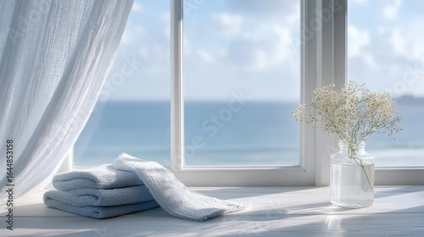 Obraz Coastal Room with Ocean View and Cleaning Cloths