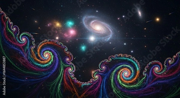 Fototapeta Colorful swirling fractal nebulae against a backdrop of distant galaxies and stars