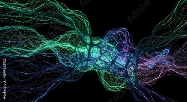 Obraz Abstract bioluminescent network of interconnected glowing neural pathways on a black background
