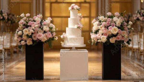 Fototapeta Elegant four-tiered white wedding cake adorned with delicate pink roses, displayed on a white square pedestal between matching black rose arrangements on tall pedestals, in a grand ballroom setting