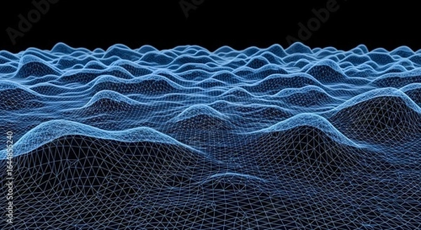 Fototapeta Blue digital landscape wireframe with undulating terrain on black background