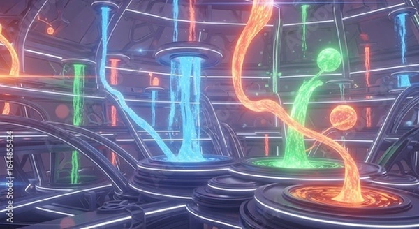 Fototapeta Futuristic energy conduits with glowing blue green and orange fluid streams