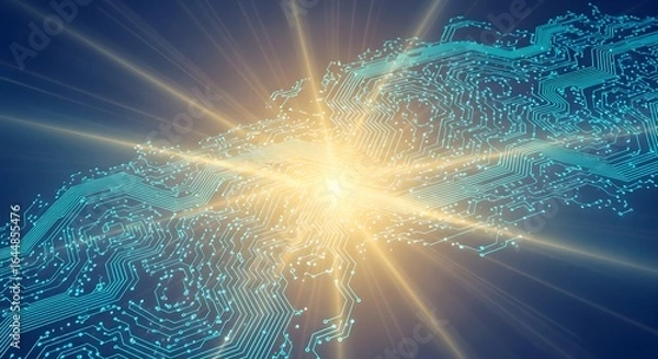 Fototapeta Intricate blue circuit board with glowing yellow light rays and radiating energy