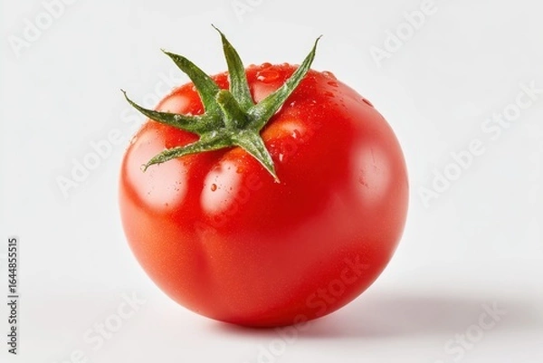 Fototapeta Fresh red tomato on white backdrop ideal for culinary inspiration, healthy recipes, cooking blogs, and nutrition content for food enthusiasts and chefs seeking vibrant imagery