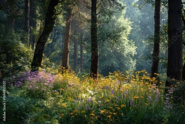 Fototapeta Sunlight streams through branches, illuminating colorful blossoms in a serene forest landscape, perfect for nature lovers and outdoor enthusiasts seeking peaceful imagery