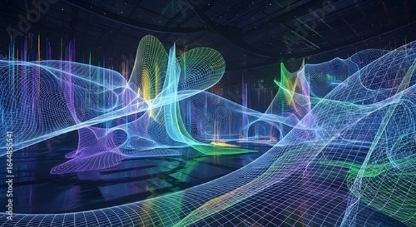 Obraz Abstract digital mesh landscape with colorful light streaks and reflective surface