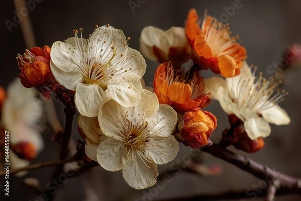 Fototapeta Creamy blossoms featuring vivid orange buds on a dramatic backdrop, highlighting the allure of flora for nature lovers and botanical art creators