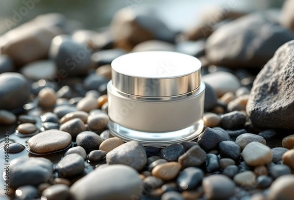 Fototapeta Cosmetic Cream Jar on Pebble Surface