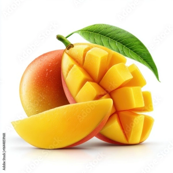 Fototapeta Fresh Mango Slice with Juicy Cubes and Vibrant Green Leaf