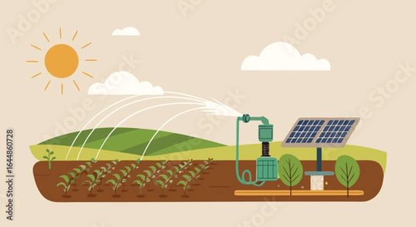 Fototapeta Illustration of a solar-powered irrigation system in a sunny farm field, highlighting sustainable agriculture and renewable energy.
