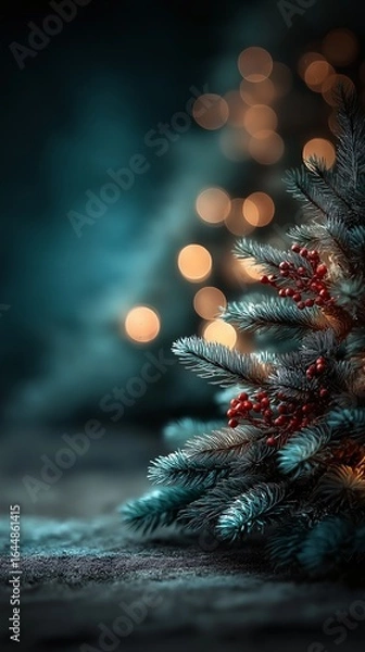 Obraz Christmas tree and lights. Festive Evergreen Branch with Bokeh Lights and Red Berries. Vertical Background with copy space.