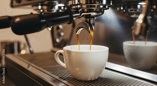 Fototapeta Espresso Pouring into a White Cup, Close-up View of Coffee Machine