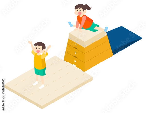 Fototapeta 跳び箱で楽しく遊ぶ男の子と女の子のイメージイラスト