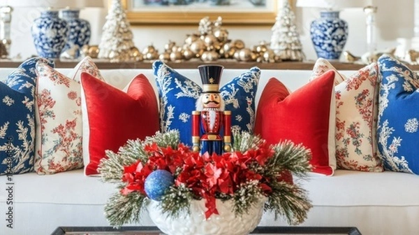 Obraz Festive Christmas decor on a white couch.