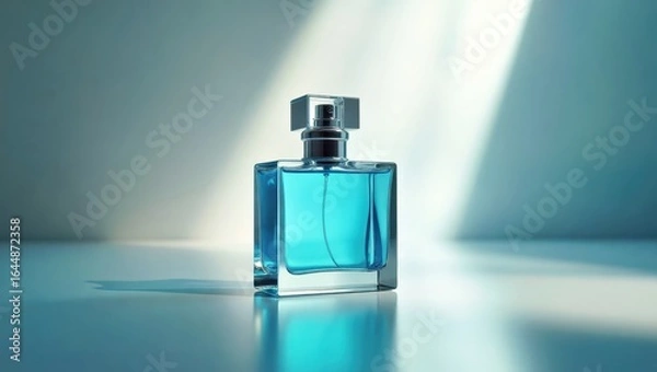 Obraz Aquatic Perfume. Blue glass perfume bottle with sunlight reflection on
