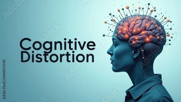 Obraz Cognitive Distortion. Profile silhouette human brain glowing neural ne