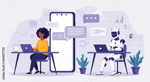 Fototapeta Human and Robot Collaborating on Data Analysis via Chat on Smartphone