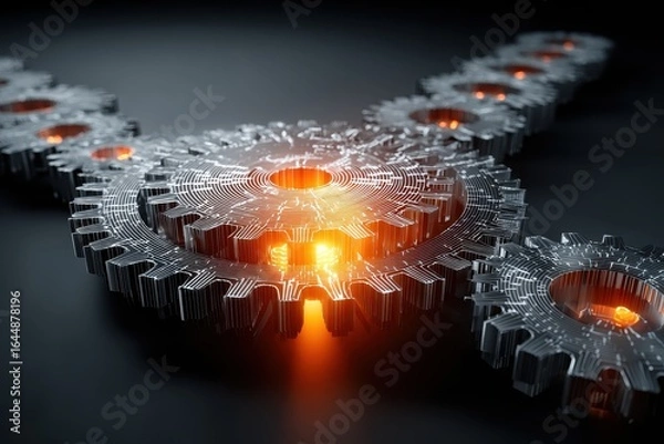Fototapeta Futuristic mechanical gears transforming power industrial setting 3d art