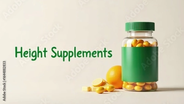 Obraz Height Supplement. Green bottle with yellow capsules and orange fruit,