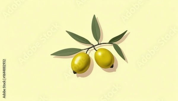 Obraz High Phenolic Olive Oil. Green ripe olives branch on light background,