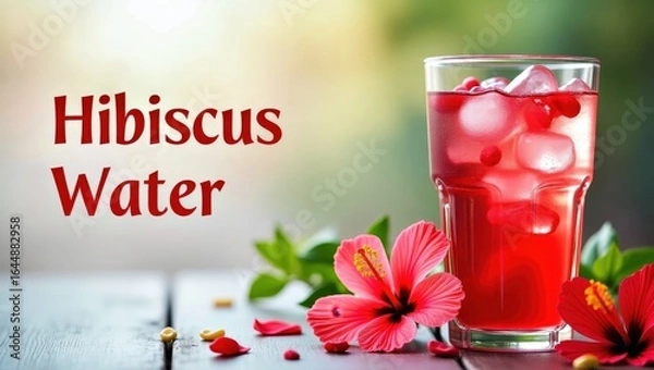Obraz Hibiscus Water. Refreshing red hibiscus flower drink with ice, summer 