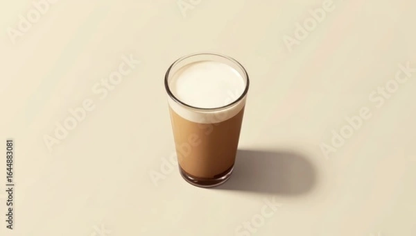 Obraz Hojicha Latte. Cold iced coffee glass on beige table with shadow minim