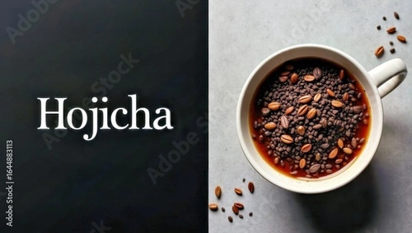 Obraz Hojicha Latte. Close-up white cup brewed hojicha tea beans dark backgr