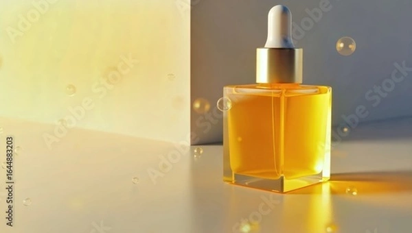 Obraz Honey Serum. Amber serum bottle with dropper on reflective surface, sk