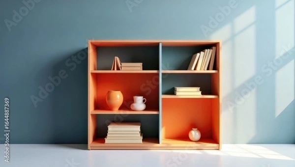 Fototapeta Montessori Bookshelf. Orange wooden shelf with books and vases in brig
