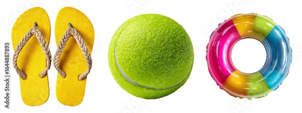 Obraz Bright Summer Vacation Essentials: Flip Flops, Tennis Ball, Pool Float