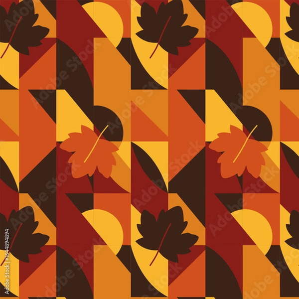 Fototapeta Abstract autumn seamless pattern with geometric shapes and colorful fall leaves in warm tones. Perfect for backgrounds, wrapping paper, and seasonal design projects.